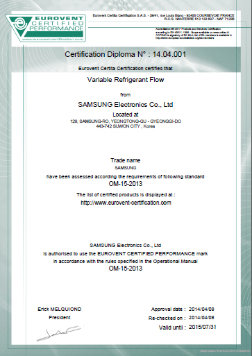 Certyfikat VRF Eurovent dla Samsung DVM