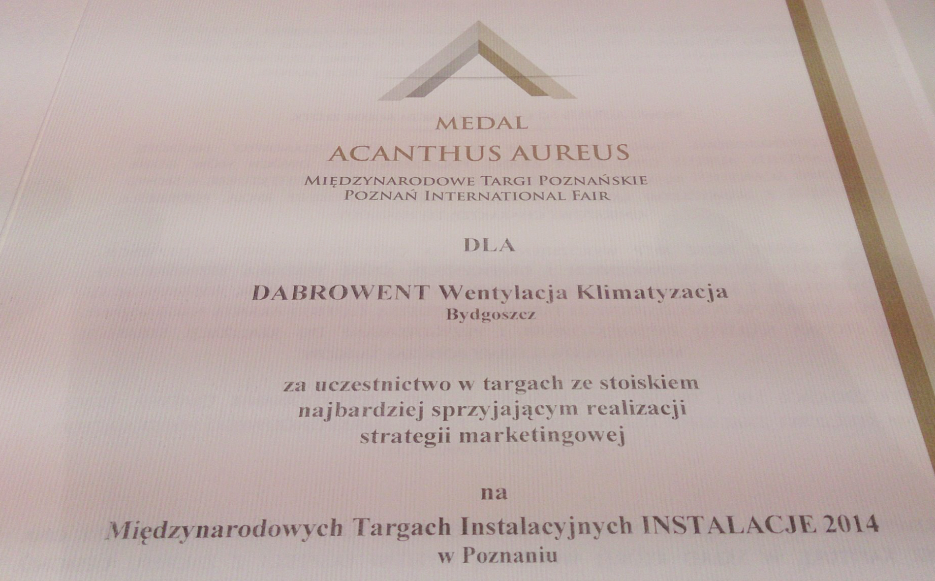 Dyplom Acanthus Aureus - Instalacje 2014 dla DABROwent