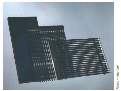 Rys. 3. Przykłady typów kolektorów słonecznych (od lewej) płaski, próżniowy-rurowy, próżniowy-rurowy tupu heat-pipe